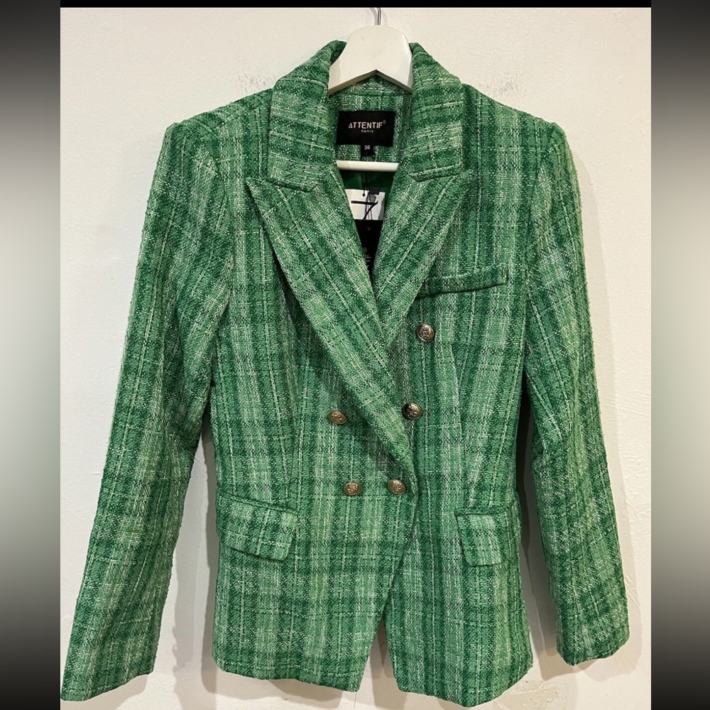 Attentif Paris Vert Tweet Blazer Plaid Green Size Small 36 NEW